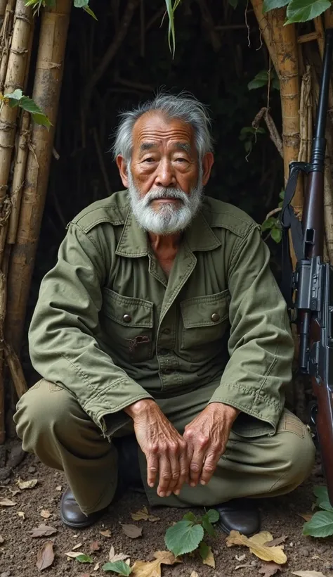 "A solitary, bearded Hiroo Onoda, now much older, sits in a makeshift jungle hut made of bamboo and leaves. His uniform is almost unrecognizable—torn, faded, and patched together. His rifle, still well-maintained, rests beside him. The jungle is silent exc...