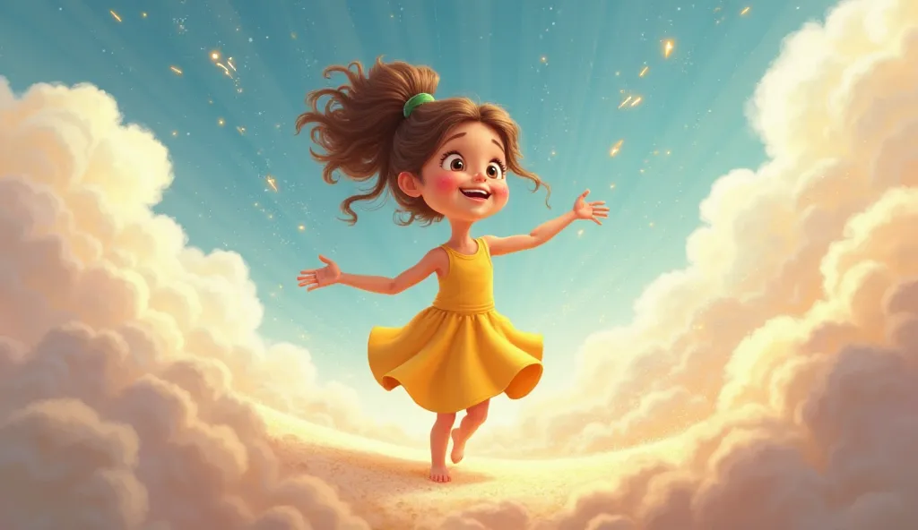 Character: Tilly (age 8, girl with curly brown hair and a yellow dress, excited expression)
Background: Soft, fluffy clouds floating high above, sparkling golden trails in the sky