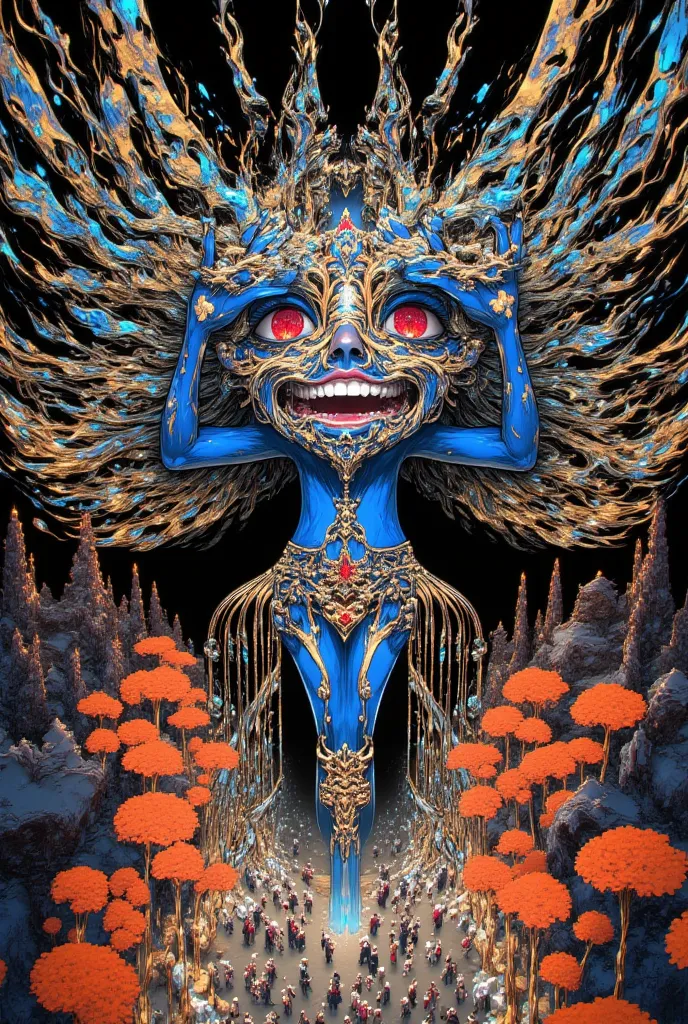 3D art look featuring a painting texture character of many hands in place of the head with lots of eyes, dancing with long hair spread for all around the scene, big mouth smile, blue head and body colors, red eyes and golden clothes, on japanese surrealism...