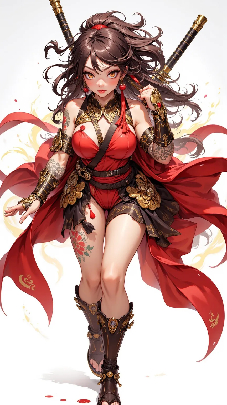 1girl,solo,female_pervert,gyaru,samurai,adult,brown_skin,tattoo,oil,curvy,orange eyes,diamond-shaped_pupils,thick lips,:o,gigantic breasts,slender waist,short_kimono,combat_boots,armlet,arm_tattoo,bracer,earrings,jitome,fighting_stance,incredibly absurdres...