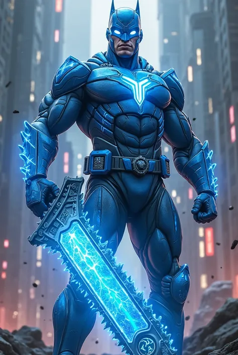 Super hero with magic chainsaw. Electric blue costume, Uncloaked 