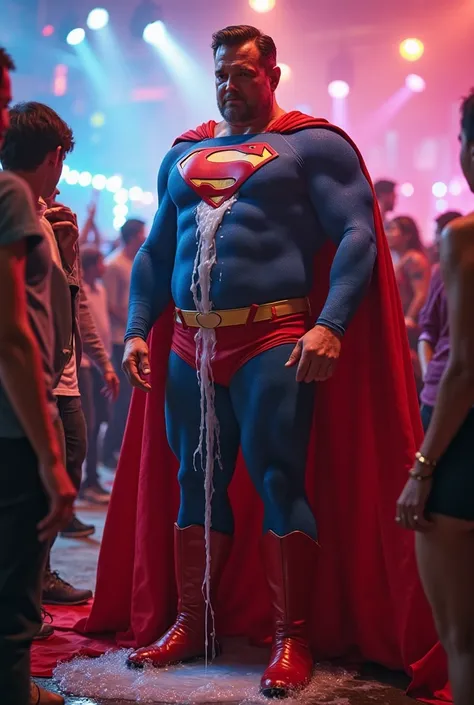 superman with people, in the playground, house music, club event, festival, dazzling lights, colorful background detailed
[Superman : dandy, middle aged, heavy, muscular, helpless, humiliated, out of energy, flows down liquid resembling transparent shampoo...