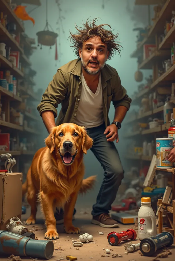 Man with his Golden Retriever dog in the biggest mess 