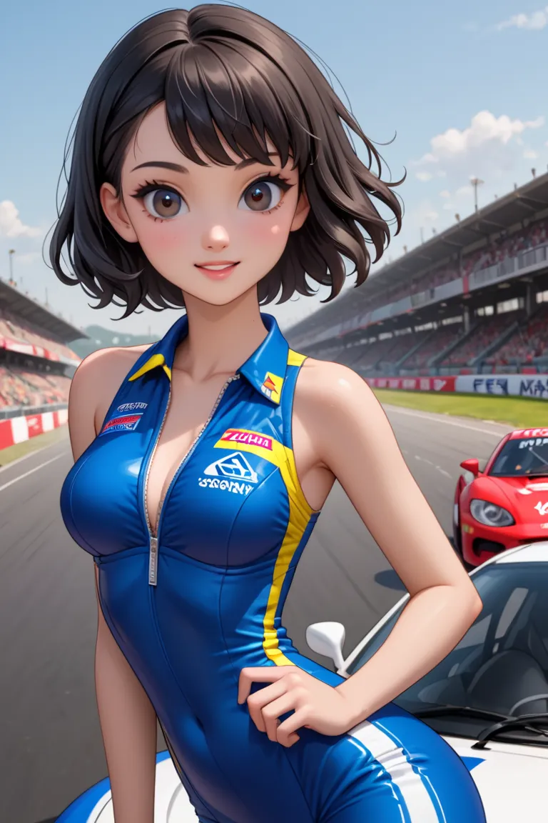 1girl, rally driver, black girl, ebony girl, cute, young woman, short-medium hair, black hair, dark hazelnut eyes, slim body, masterpiece, best quality, blue attire, blue team