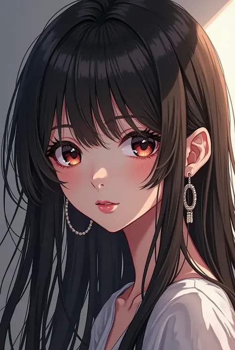 anime girl with long black hair and earrings with dark eyes, stunning anime face portrait, black hair and large eyes, with long hair and piercing eyes, beautiful digital illustration, artwork in the style of guweiz, detailed portrait of anime girl, rossdra...