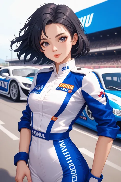 1girl, rally driver, black girl, ebony girl, cute, young woman, short-medium hair, black hair, dark hazelnut eyes, slim body, masterpiece, best quality, blue attire, blue team