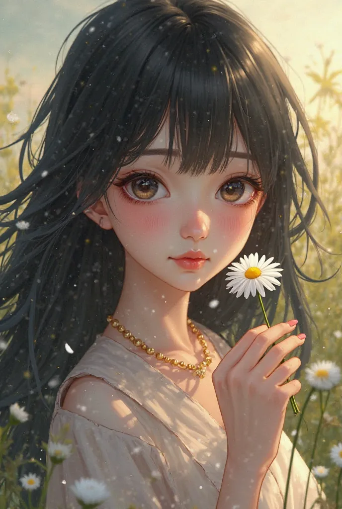 The  beautiful girl is holding a daisy flowers and she has black hair and black eyes. she's cute. her hair is over shoulder.