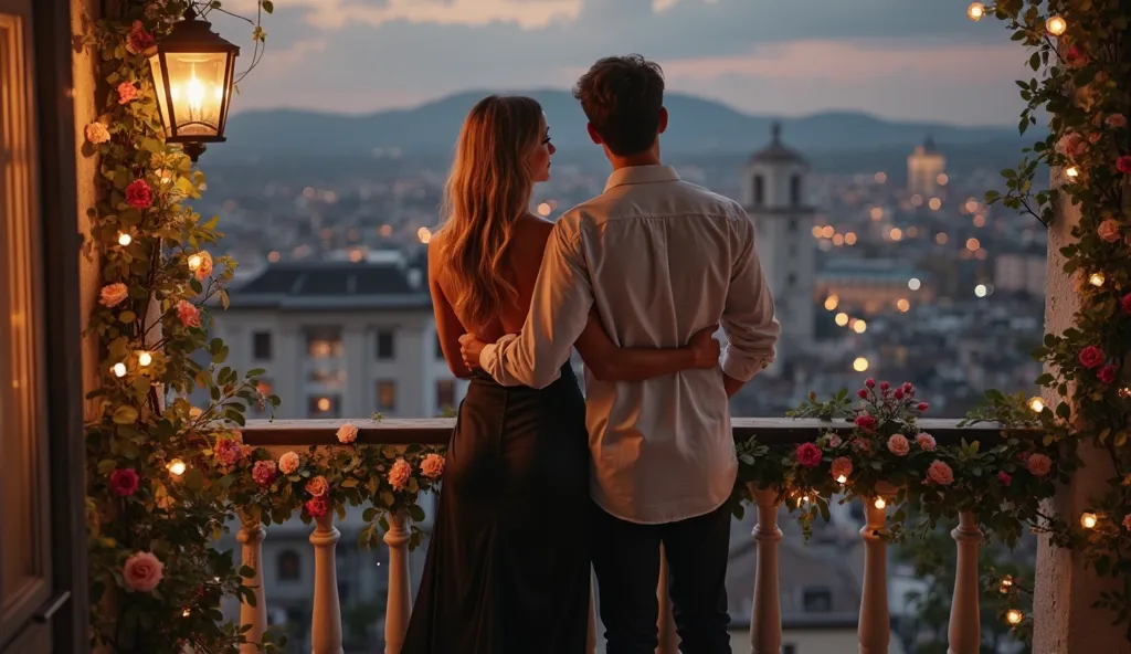 Ultra realistic full-length photo: 1.3. Front view from afar, full-length from head to toe: 1.3. High detail. 32k. Great photo: 1.3. Victor and Alina on a balcony surrounded by flowers.  
A city evening, the balcony of their apartment, festooned with garla...