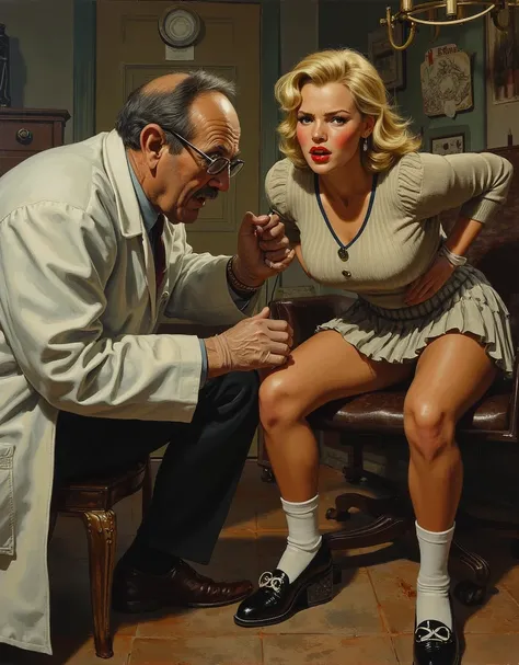 Coquettish All American lady in pleated skirt and sweater, white ankle socks, black and white saddle shoes, facing camera, she has blonde hair, biting her bottom lip in pain, over and getting examined under her skirt by an old perverted doctor, his eyes ar...