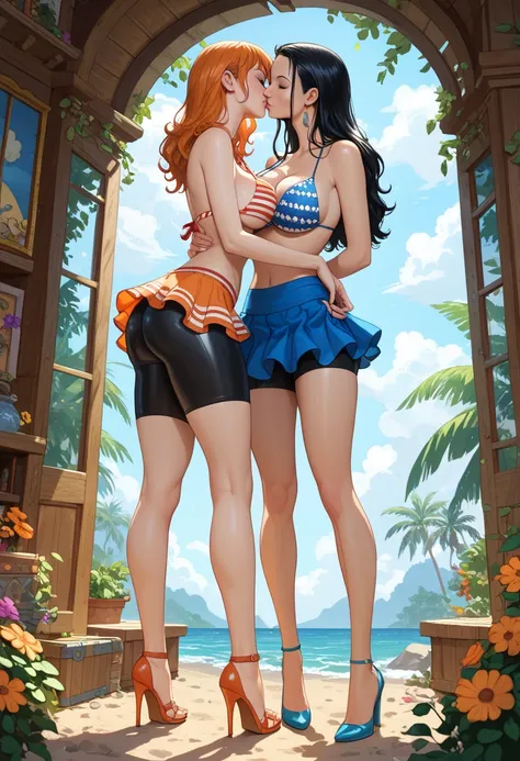 Nico Robin with Nami from one piece kissing, masterpiece, kissing, two girls in mini skirt and bike shorts, big breasts, bikini, bangs, One Piece, stripping, colored box background, big breasts, cleavage, out, undressing, black hair, orange hair,full body ...