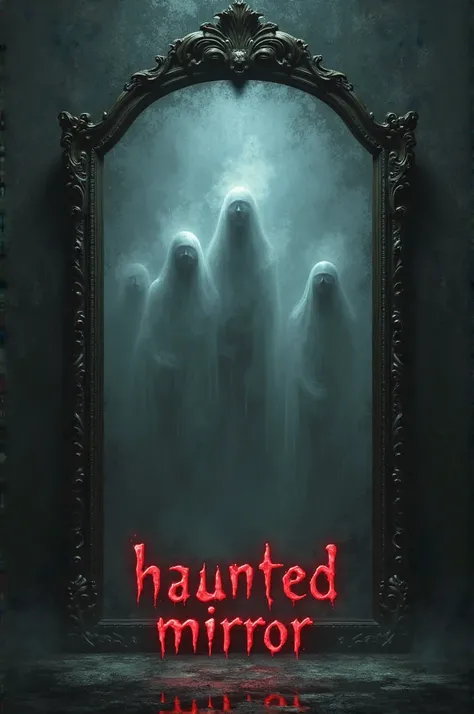 Create a Horror mirror with a show of ghost and also write "Haunted Mirror" In red 