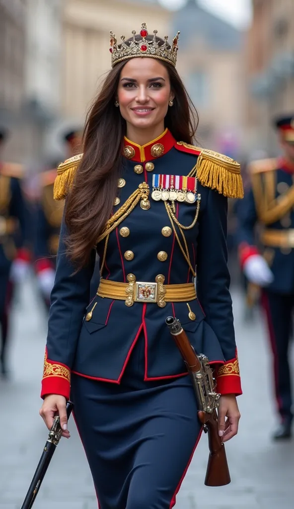 A stunning Spanish princess, with long brown hair and almond-shaped eyes, walks down Madrid's main avenue in a royal parade, with the iconic Royal Palace in the background. His Spanish ry dress uniform is an intense navy blue with gold and red details, hig...