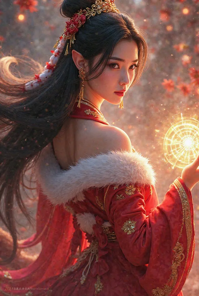 "Create a hyper-realistic 3D-rendered image of Ahri from League of Legends, wearing an elegant red and white outfit that seamlessly blends traditional and modern fantasy aesthetics. Her attire is crafted from high-quality silk with intricate golden embroid...