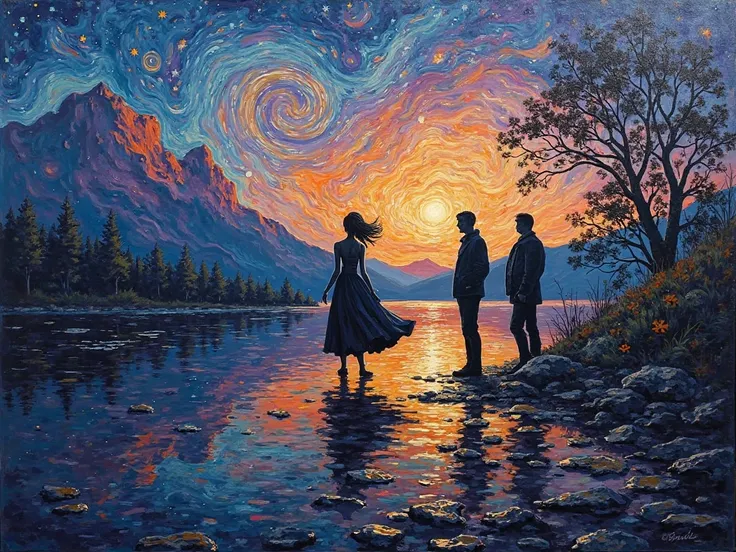 Make a painting in Van Gogh's artistic style as if he were painting a twilight painting from the movie 