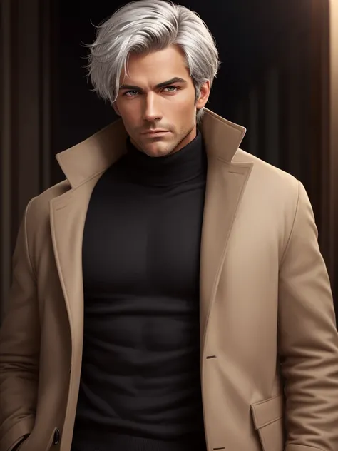 (best quality), 1boy, mature man, tanned skin, silver hair, medium hair, hair loosely combed back, brown eyes, perfect eyes, muscular, handsome, cold expression, black turtleneck, coat jacket, clean shaven face, masterpiece, anatomically correct, highres
