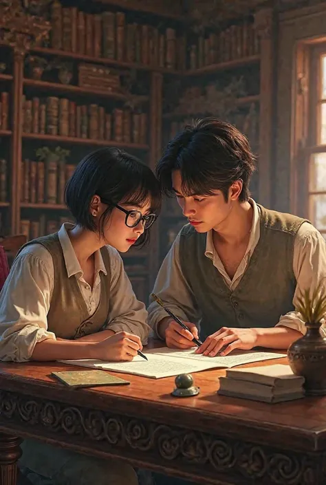 Create a picture of a girl with short hair, wearing glasses, an Asian man with slightly big eyes, intending to write a book on a classic European book table in the classic book room.