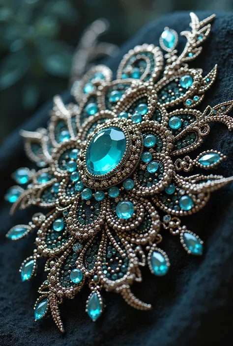 Description (alt text)
Close-up of ornate embellishment featuring intricate silver beadwork and rhinestones, adorned with black and turquoise gemstones. The design resembles swirling floral patterns with various shapes, including teardrops and round stones...