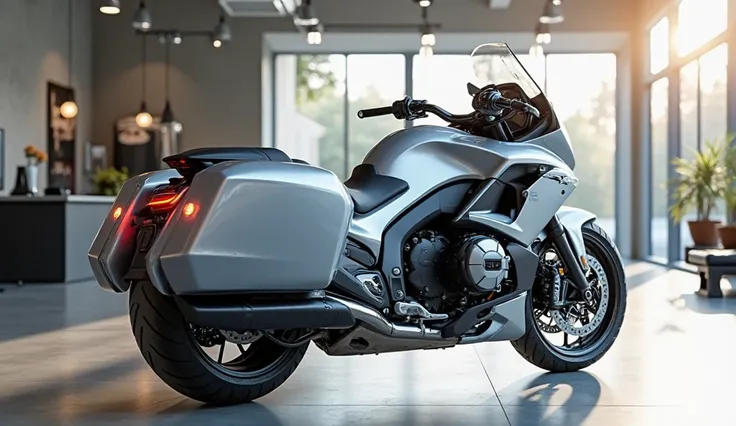 Realistic of futuristic2024 BMW K 1600
with modification, good looking, bright light silver  color, back left view, parked in luxury showroom 
The background features a contemporary showroom setting with polished floors and natural light, enhancing the bik...