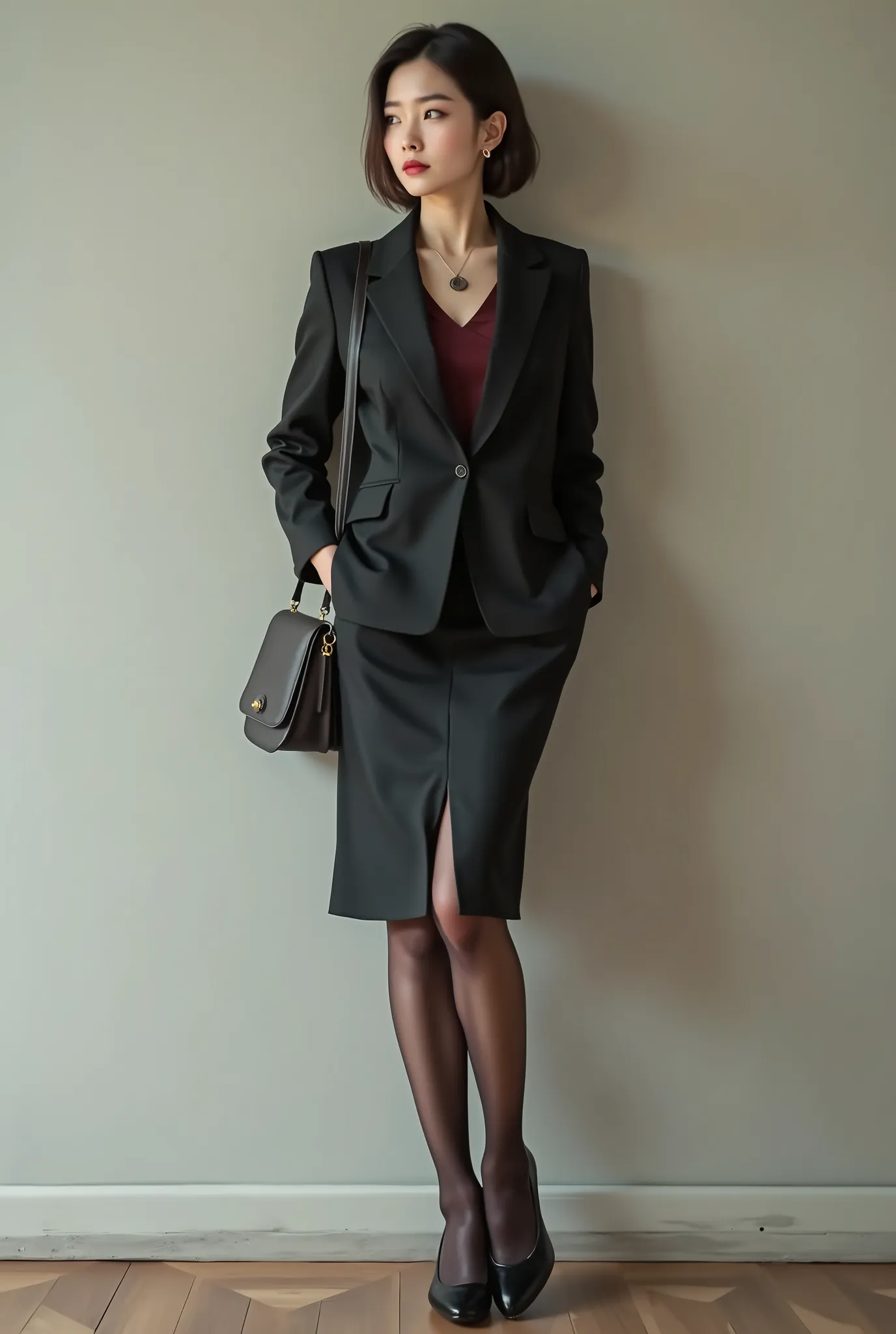 masterpiece, 8k, photorealistic, beautiful Japanese, My friend's mother, sexy, feminine charm, 40 years old, skirt suits, pantyhose