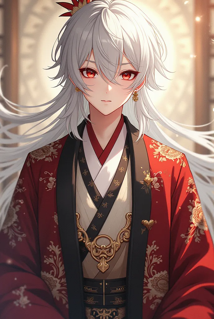 Anime Male White Hair Red Eyes Emerald Antique Chinese Dress