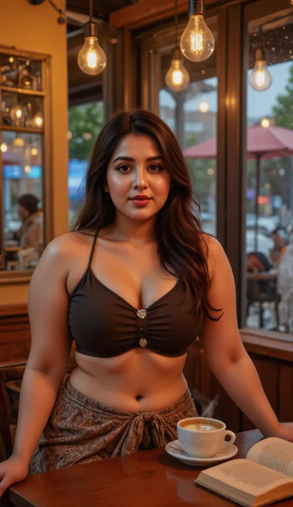  A cute, chubby indian model  sits in chair at a table with her arms resting on top of the , looking straight ahead. She has a neutral or slightly thoughtful expression. The setting is well lit and cozy, and may include details such as a cup of coffee, a b...