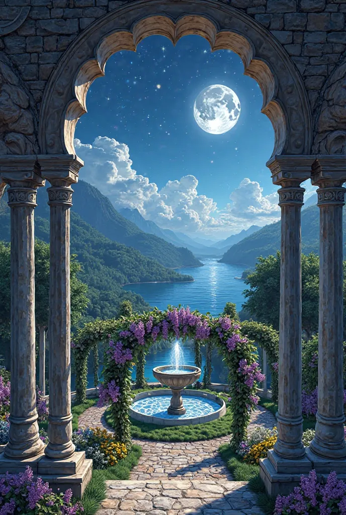 Draw a realistic landscape that is at night and you can see the moon and the stars, with the view from the balcony of a castle, with a balustrade with medieval columns, Above the balustrade there is a medieval arch and you can see a very large garden, with...