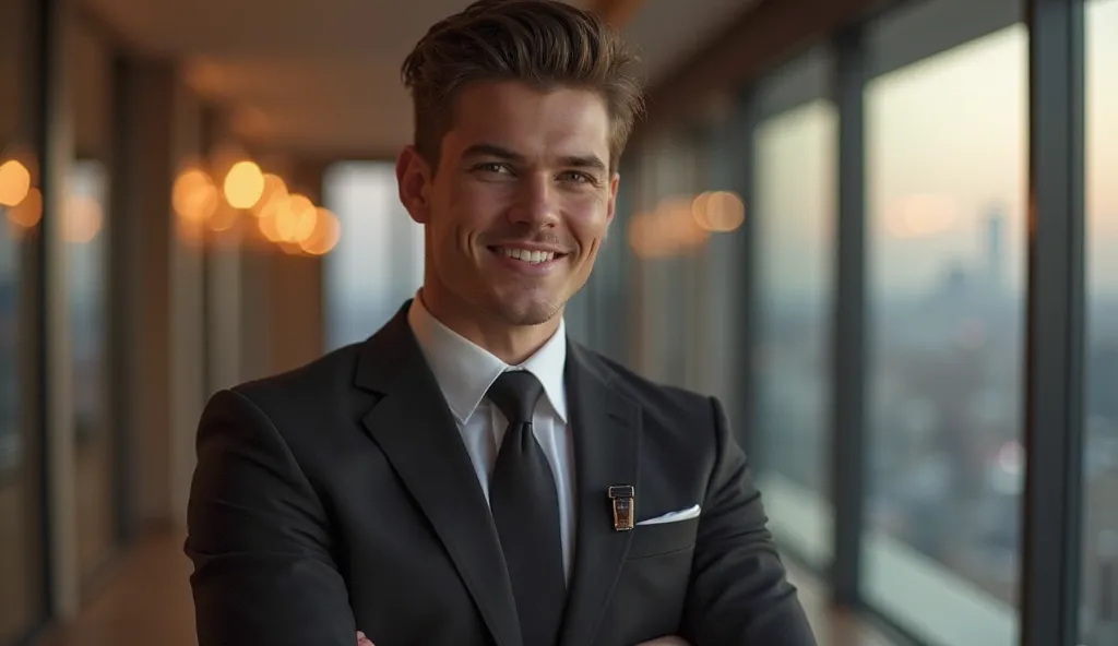 A 22-year-old rich young man with a confident and stylish appearance. He has neatly styled hair, sharp facial features, and a charismatic smile. He is wearing an elegant designer suit with a luxury watch on his wrist. The background is a high-end penthouse...