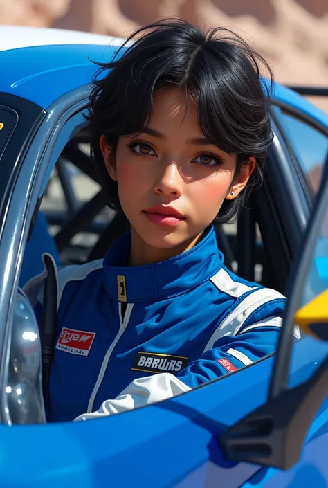 1girl, rally driver, black girl, ebony girl, cute, young woman, short-medium hair, black hair, dark hazelnut eyes, slim body, masterpiece, best quality, blue attire, blue team