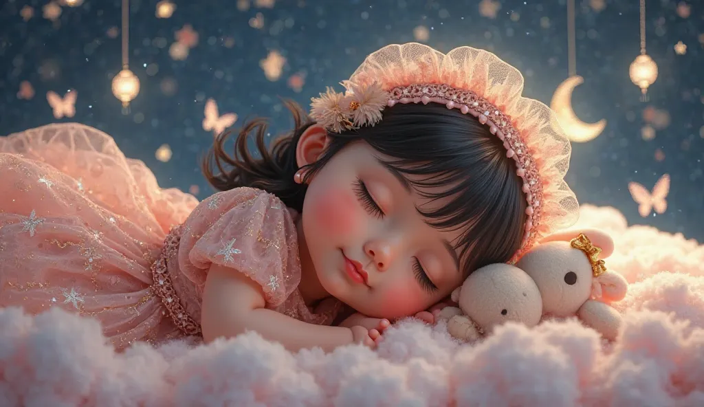 Prompt:

A breathtakingly beautiful 3D cartoon-style baby girl peacefully sleeping under a mesmerizing starry night. Her face glows with innocence, featuring dazzling, deep sparkling eyes, a sweet, gentle smile, and soft, rosy blushing cheeks. She wears an...