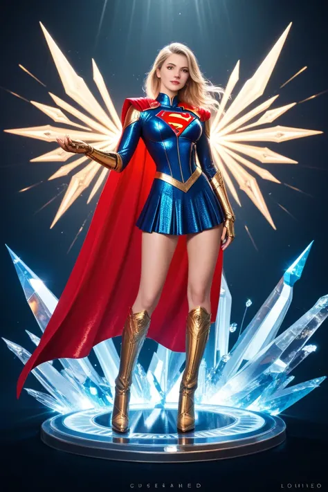 A stunning and highly detailed Supergirl-inspired costume. The outfit features a sleek, form-fitting blue bodice with intricate golden embroidery and a shimmering, textured fabric. A bold and stylish red cape flows dramatically, with an elegant gold trim. ...