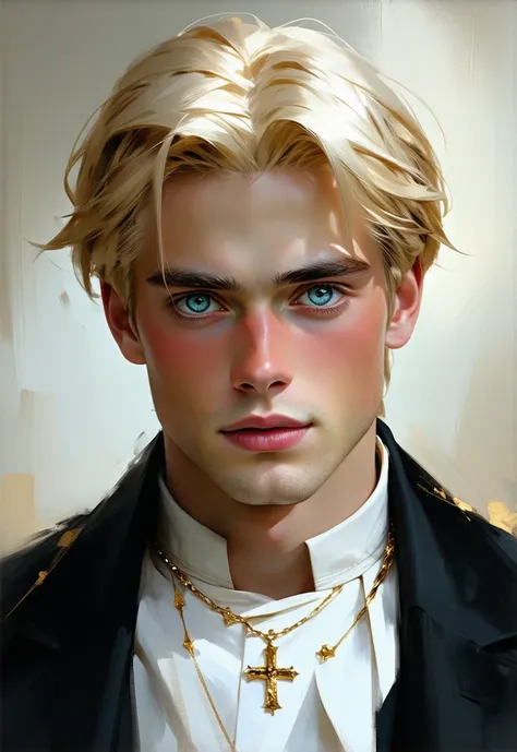 young man, Blue eyes,  blond hair,  Masterpiece , High detail, in-depth study of ,  black suit, Gold jewelry, Catholic, elements of religion, exorcist, white shirt,  black coat, calm look, confident,  courageous , Europe, 21st century, contemporary fantasy