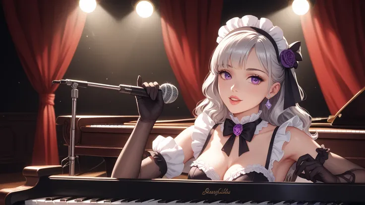 Masterpiece, best quality, highly detailed, beautiful lighting, cinematic,  
A silver-haired elegant maid with soft waves, deep purple eyes, standing on a grand stage, singing under a bright spotlight.  
She wears a classic black maid dress, long black glo...