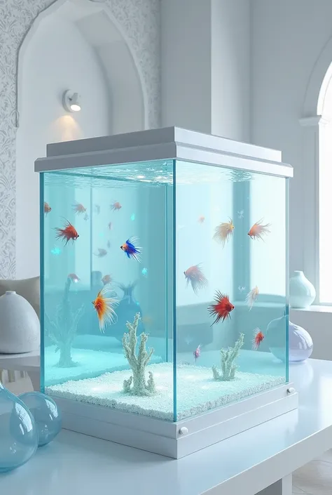 large rectangular white aquarium with a matching white sleek lid, close-up view dominating the frame. Inside, vibrant tropical fish (neon tetras, guppies, angelfish) swim gracefully under soft blue lighting that mimics underwater glow, creating shimmering ...