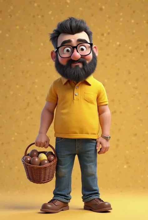 A 55-year-old man with black hair and beard, How to be human Pixar-style, holding a basket of chocolate eggs, wearing a yellow polo shirt, wearing jeans and dress shoes and wearing square-framed glasses 