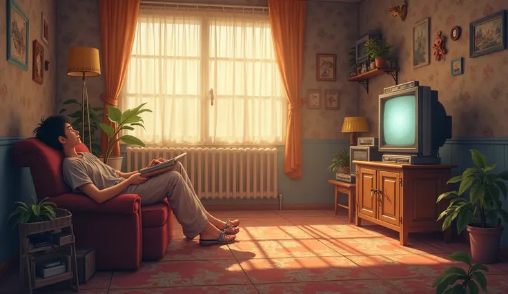  Anime style.  warm lighting . retro room with CRT TV and cassettes. vintage atmosphere