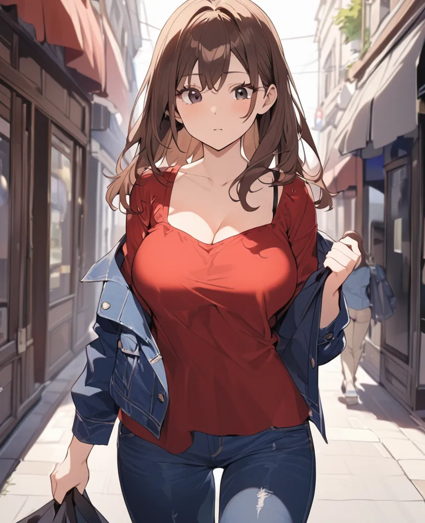  A 17-year-old girl , long brown hair and black eyes,high,  thin, big breasts. Wearing a red blouse with an open neckline, over a blue denim jacket and jeans walking in a square. Front shot of the girl opening the neckline of her blouse while walking.