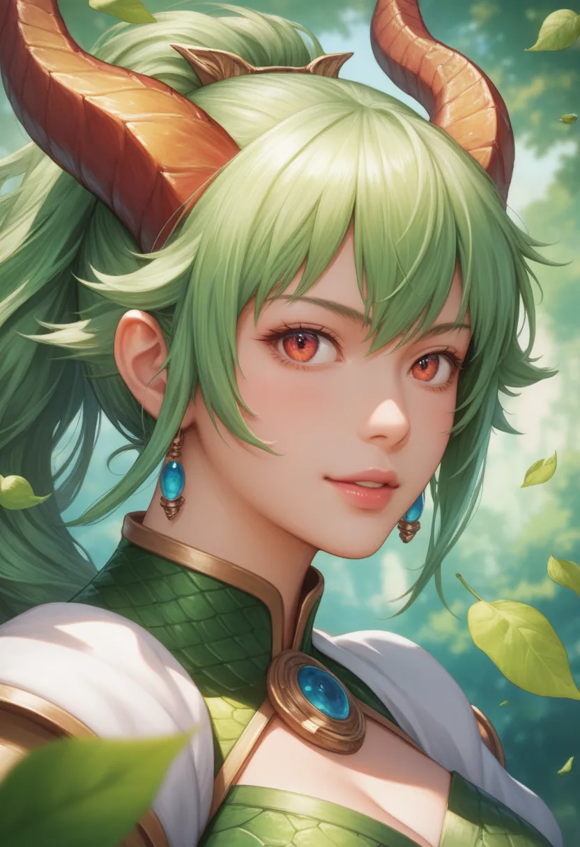 Anime girl with dragon head and green leaves in front of a puzzle, The J , trending on pixiv, Fantasy Art , Dragon Girl , the Dragon Girl portrait, detailed anime art work, detailed anime art , detailed digital anime art, Anime Fantasy Illustrations , Gwai...