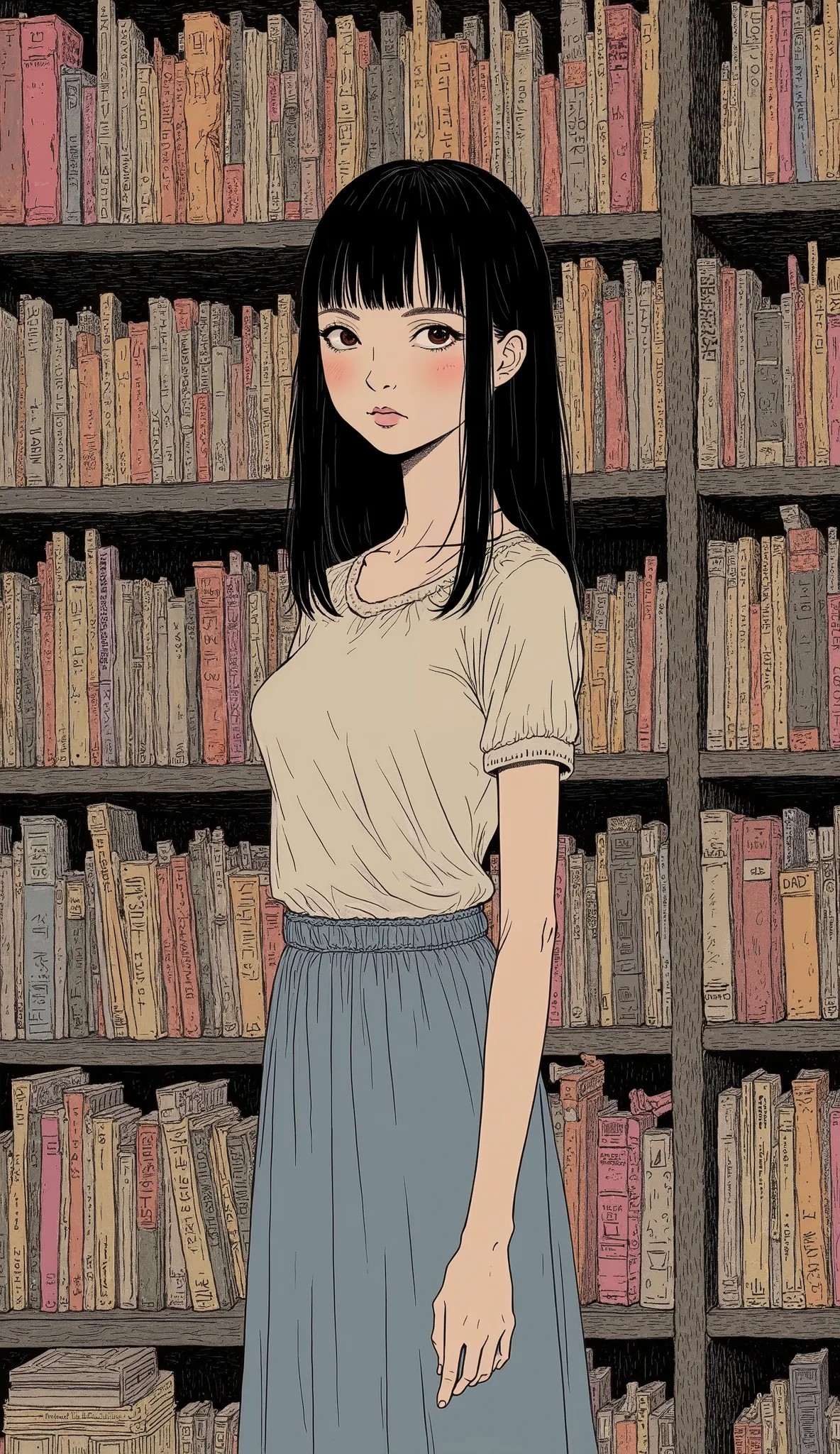 There is a woman standing in front of a bookshelf, Record Store Girl,  Lofi Girl , Cliff Chan , Jojolion cover art style,  Ito Junji style,  Adrienne Tomine ,  This is Junji's style, art  This is Junji's style, Subtle Junji this , Inspired by Thomas Hanukk...