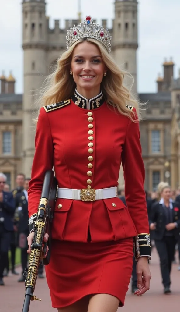 A beautiful British princess, with fair skin and wavy blonde hair, parades elegantly down London's main avenue, with the majestic Windsor Castle in the background. She wears a Royal Guard dress uniform adapted for the female body, with a vibrant red coat w...