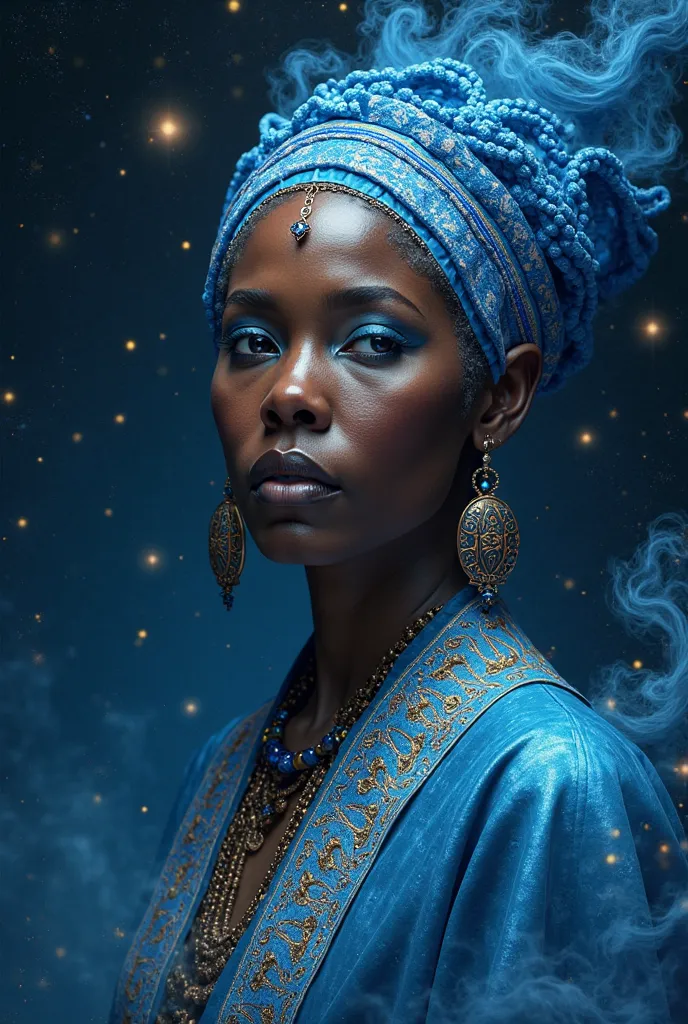 (Professional 3D renThering:1.3) The (realistic:1.3) Foto The arte mais bonito do mundo，moThelo nua(((only the face)))Yemanja, orisha, African Queen,blue clothes,Orixá queen of the oceans,blue colors, vestindo um aThe Thetalhado e intricate, maternal gaze,...