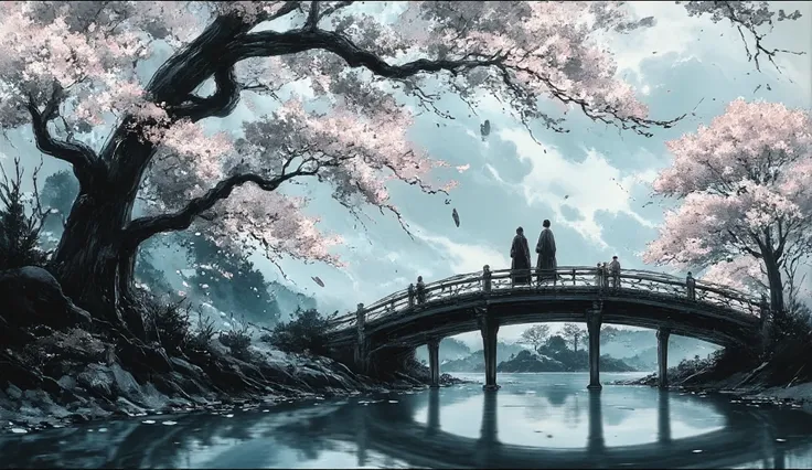 two people walk the bridge under a large cherry blossom, in the style of atmospheric paintings, gray and aquamarine, airbrush art, dark white and dark gray, lovely --ar 35:64 --stylize 750 --v 6