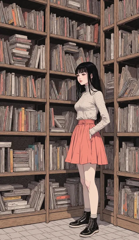 There is a woman standing in front of a bookshelf, Record Store Girl,  Lofi Girl , Cliff Chan , Jojolion cover art style,  Ito Junji style,  Adrienne Tomine ,  This is Junji's style, art  This is Junji's style, Subtle Junji this , Inspired by Thomas Hanukk...