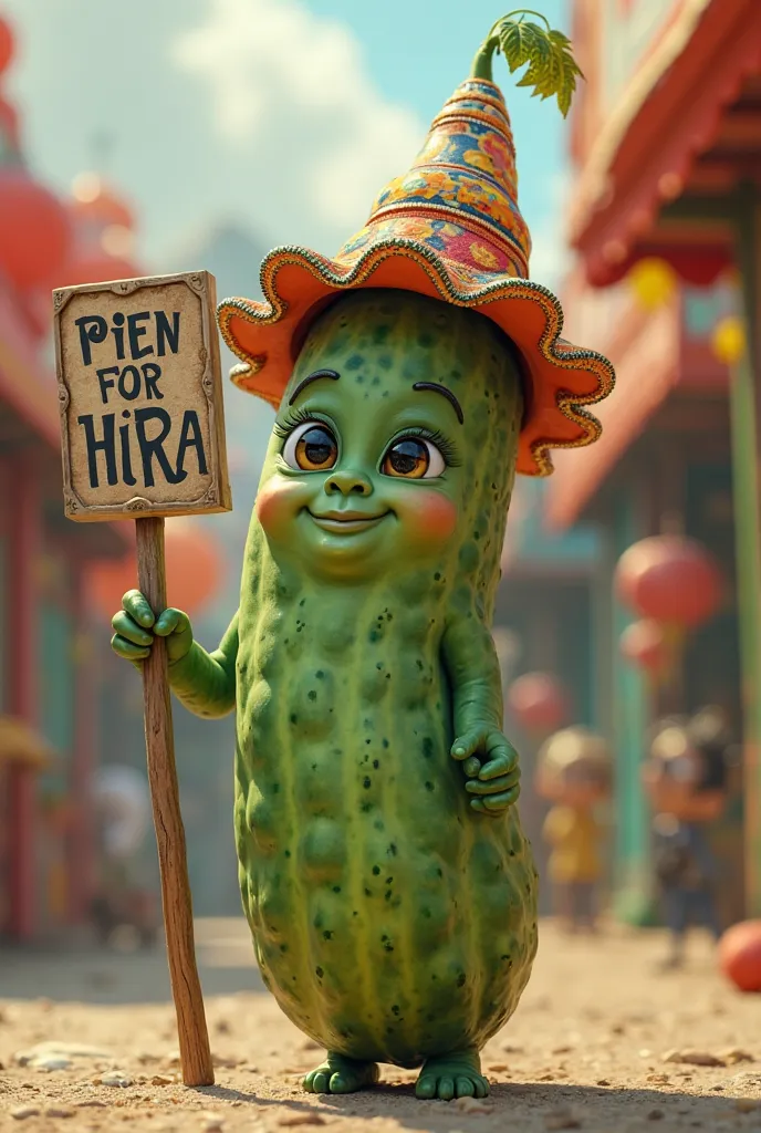 Create the image of a tender cucumber, wearing carnival antifas and clutching a sign on his head