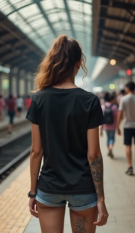 Mockup of a black regular t-shirt from the back, worn by a woman in tight mini shorts. She has tattoos on her thighs, arms, and the back of her neck. The background features a busy train station in Indonesia, capturing the vibrant atmosphere with a blend o...