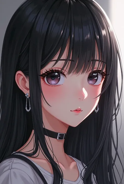 anime girl with long black hair and earrings with dark eyes, a digital painting by Yang J, tumblr, digital art, stunning anime face portrait, black hair and large eyes, with long hair and piercing eyes, artwork in the style of guweiz, beautiful digital ill...