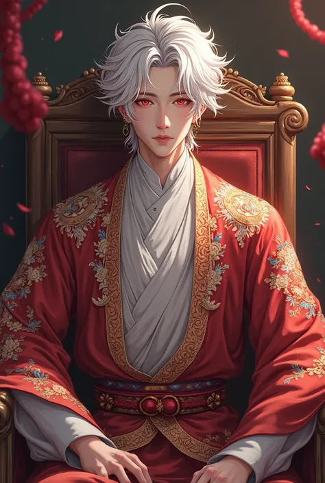 Anime Male White Hair Red Eyes Emerald Red Eye Antique Chinese Dress With Krabi On Wooden Chair Wearing White Dress