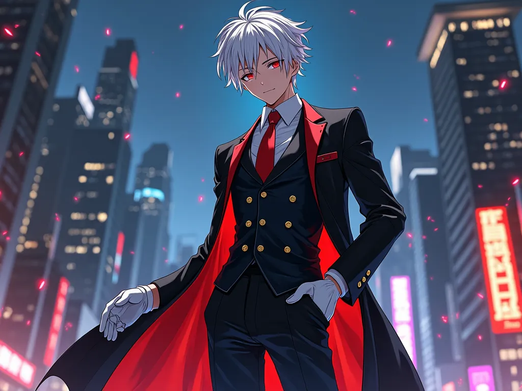 An anime picture with full view. A tall young man with messy snow-white hair crimson-red eyes dressed in a three-piece black business suit with red on the inside, with golden buttons, black boots and white gloves. With a cityscape background at nighttime.