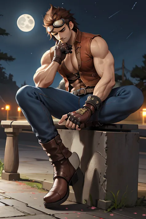 Hwoarang_Tekken, solo, brown hair, gloves, 1boy, male focus, belt, jeans, fingerless gloves, vest, muscular, denim, goggles, goggles on head, jeans, hair slicked back, full body, sakura, moon, couter, night, sitting