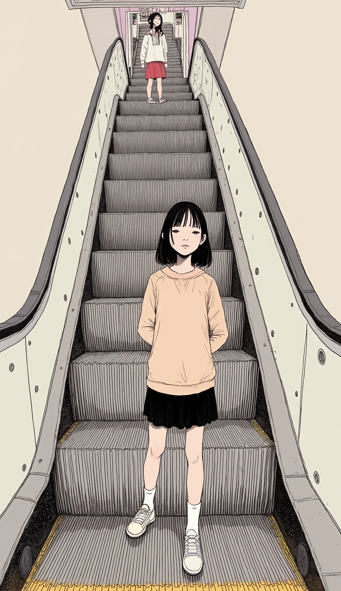 バックパックを背負って escalatorに乗っている子供もたくさんいます,  illustrations of by Yanagawa Nobusada, Tumbler, Happenings,  escalator, Tatsuro Kiuchi, エディトリアル illustrations, School corridor, Go down the stairs, Crowded,  Yangjun Cent , Sachin Ten, Shintaro Kago,  Box n Lin ,  il...