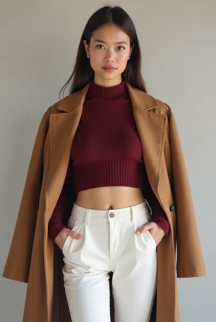 maroon croptop long sleeve with highwaist whit pants and brown coat